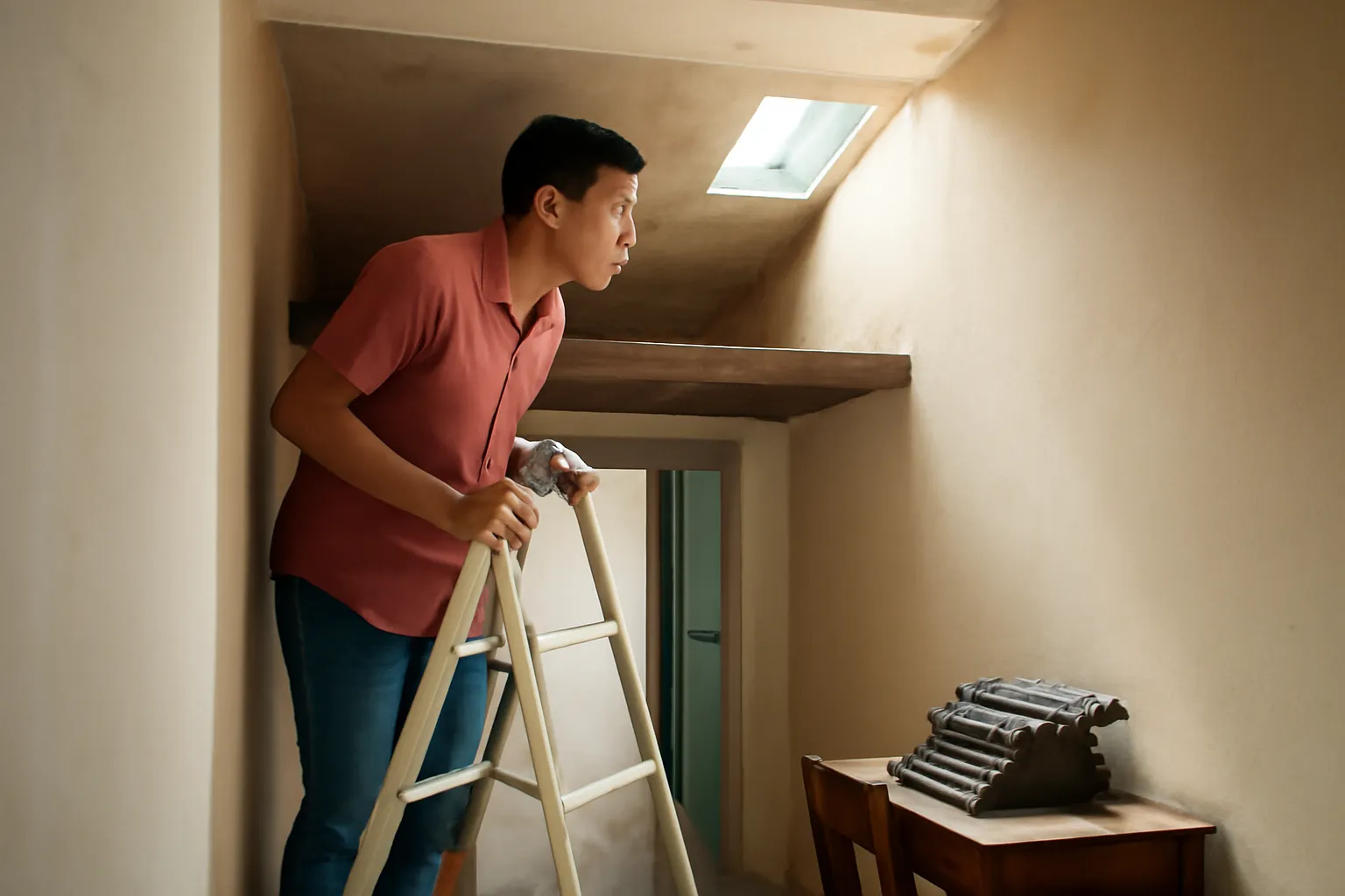 Người đàn ông đứng trên thang gấp nhìn vào gác lửng, máy chữ cũ phủ bụi