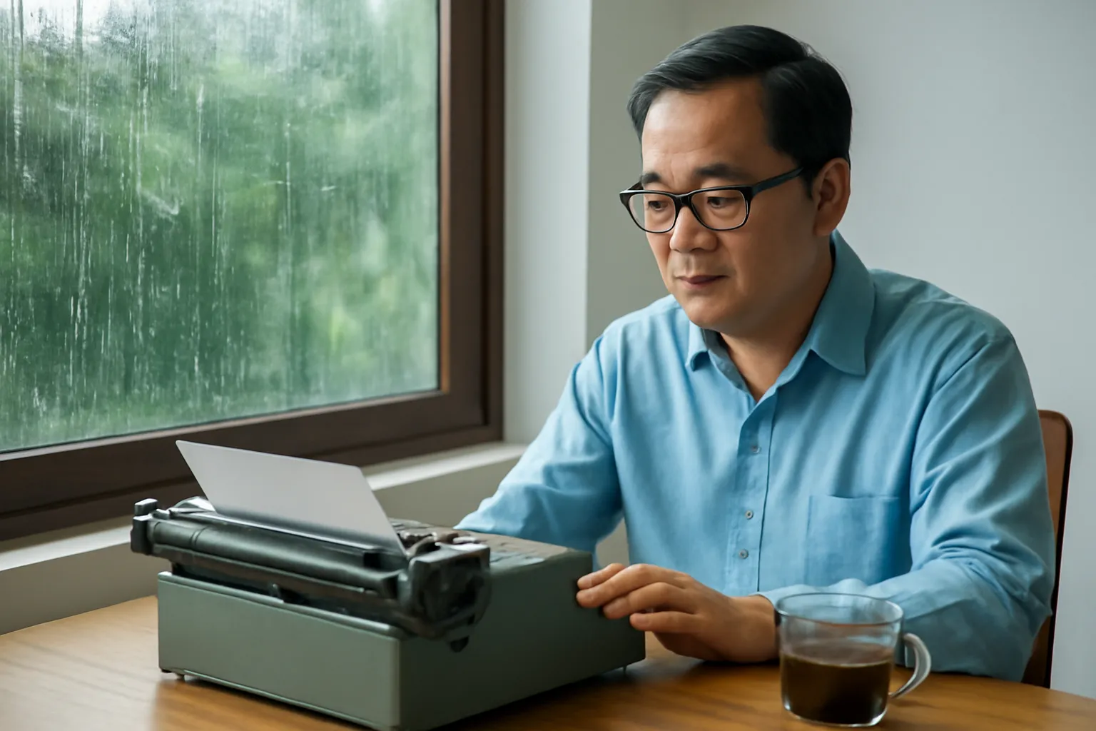 Người đàn ông trung niên ngồi trước chiếc máy đánh chữ cũ bên cửa sổ có mưa