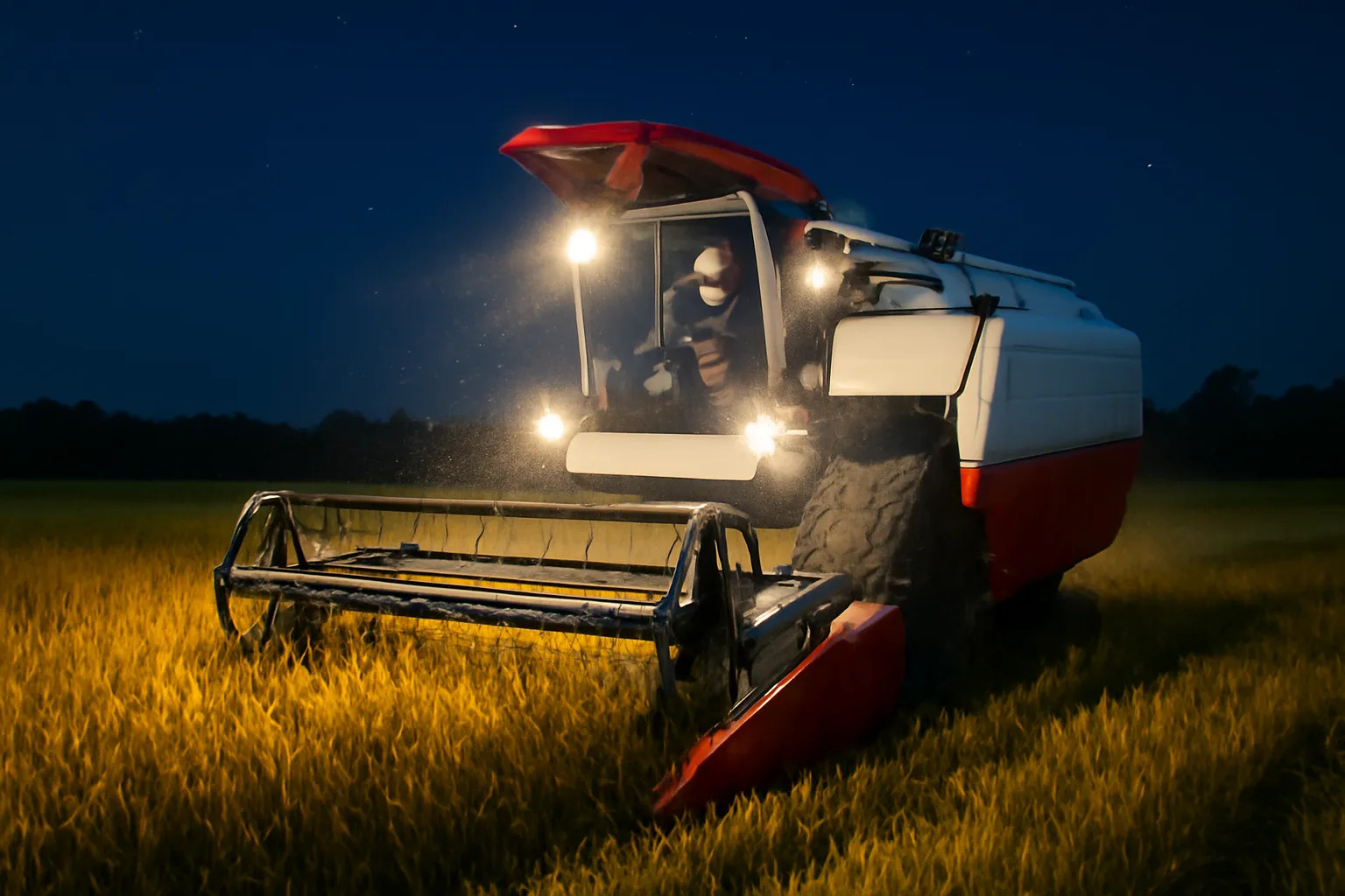 Máy gặt đập liên hợp chạy giữa cánh đồng lúa chín ban đêm với đèn pha sáng