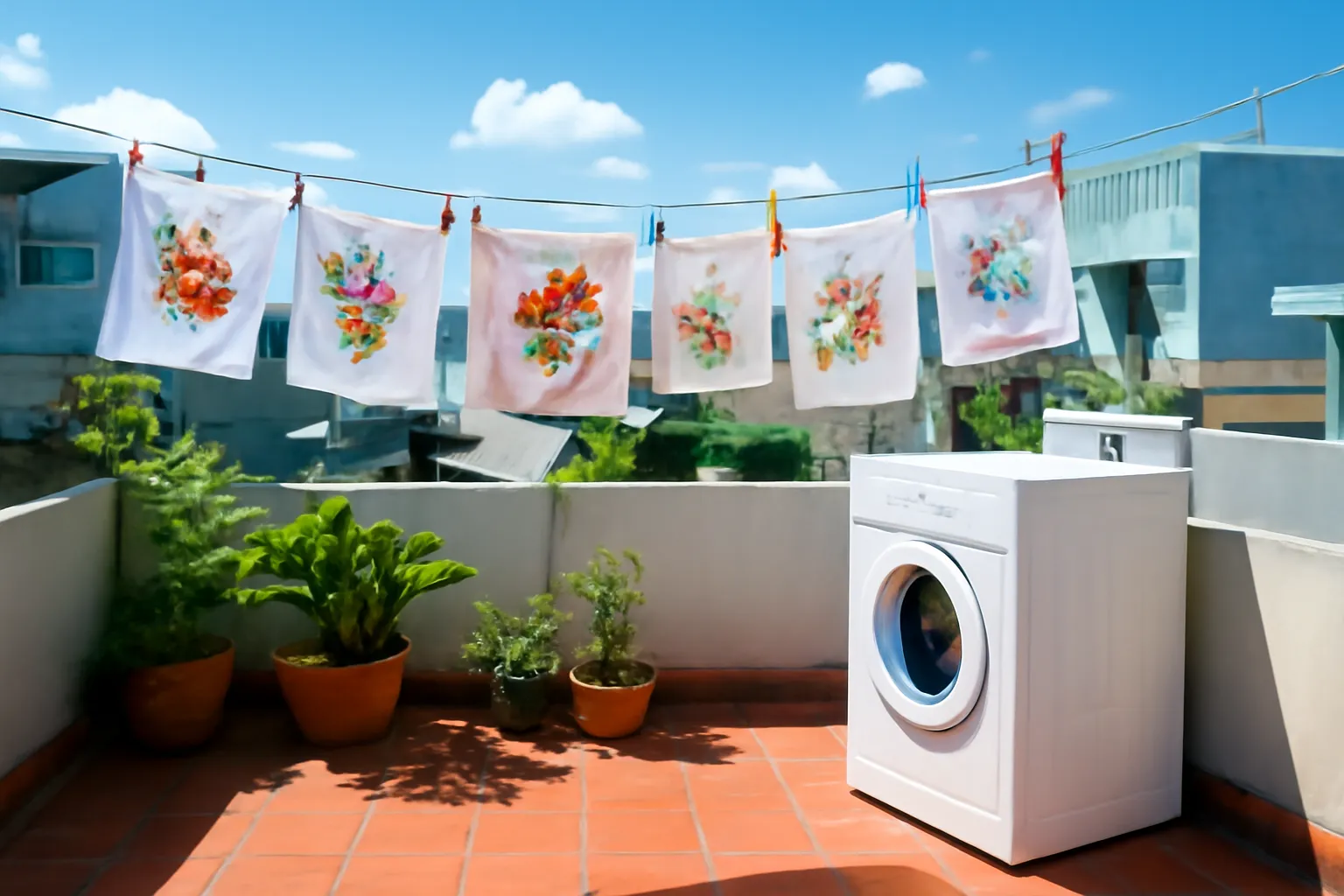 Sân thượng nhà trọ có máy giặt trắng, dây phơi đầy khăn tay thêu hoa nhiều màu dưới nắng sớm, cây xanh trong chậu