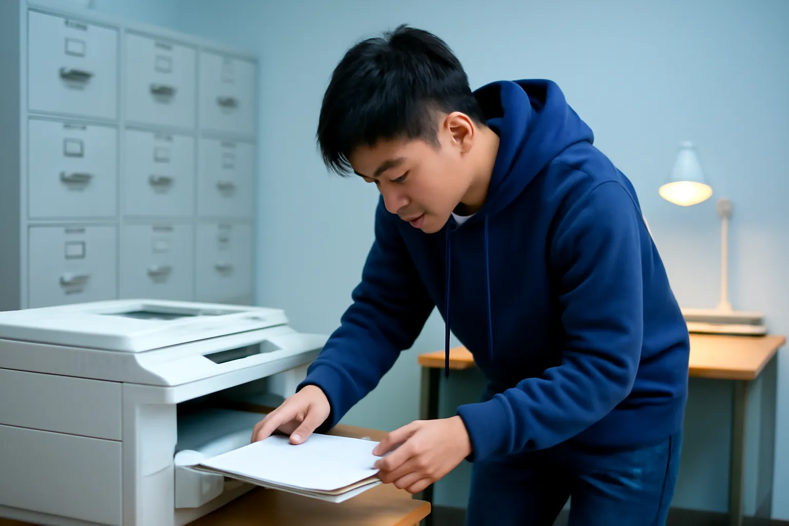Chàng sinh viên cúi xem khay máy in văn phòng trong đêm, tờ giấy úp xuống