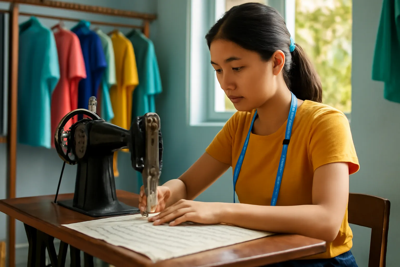 Cô thợ may trẻ ngồi bên chiếc máy khâu đạp chân màu đen trong tiệm nhỏ