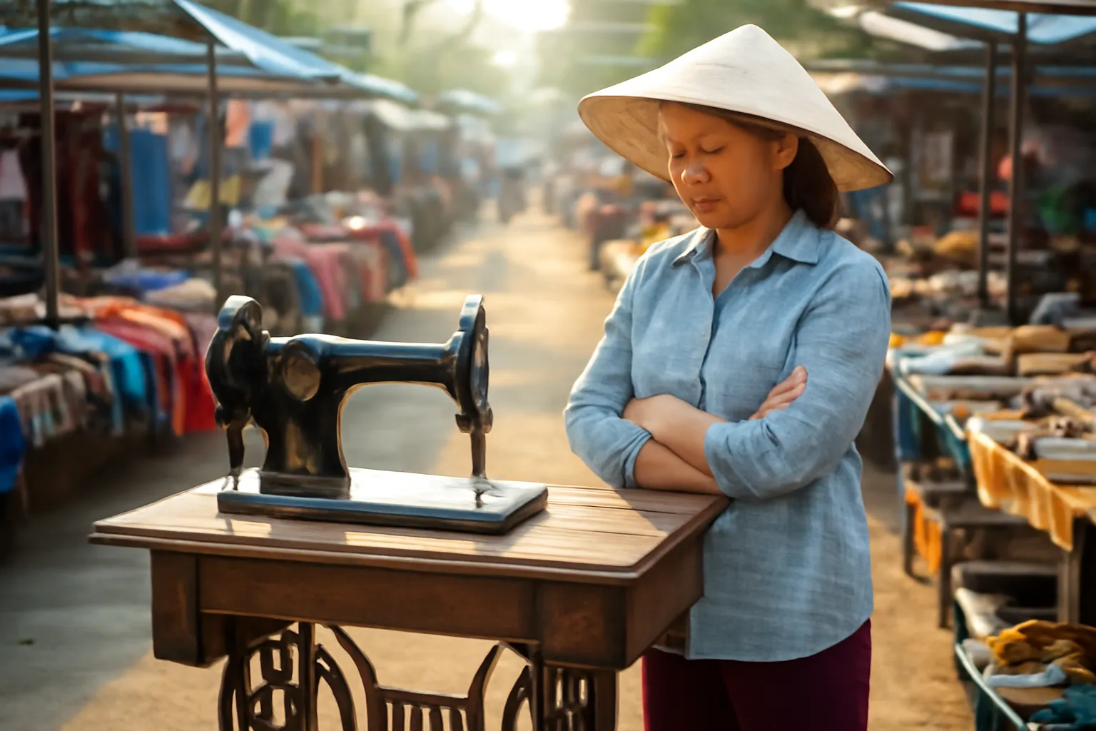 Chiếc máy khâu đạp chân cũ đặt giữa sạp đồ cũ ở chợ cuối tuần buổi sáng