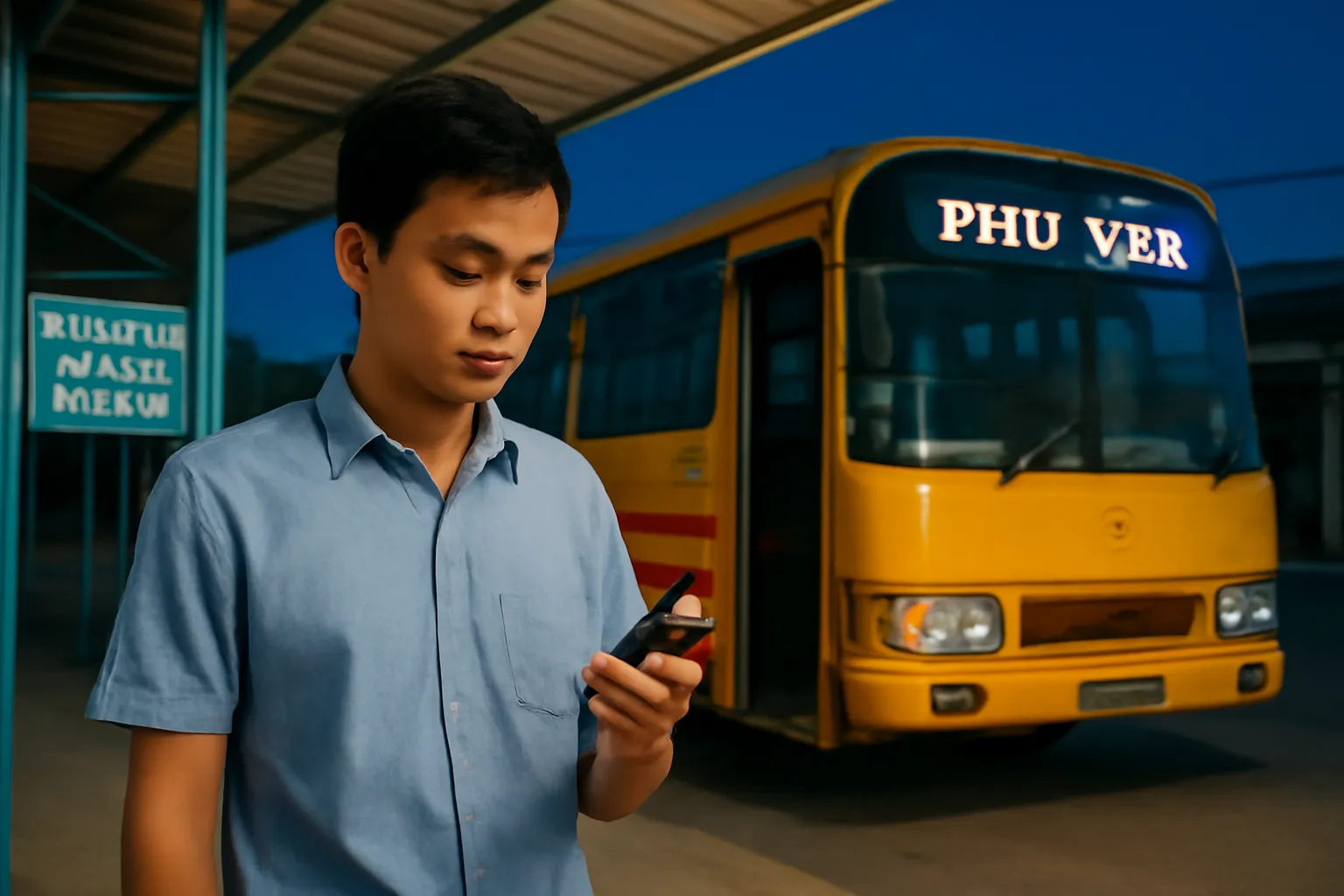 Người đàn ông trẻ đứng dưới mái hiên bến xe tỉnh lẻ ban đêm nhìn chiếc máy nhắn tin