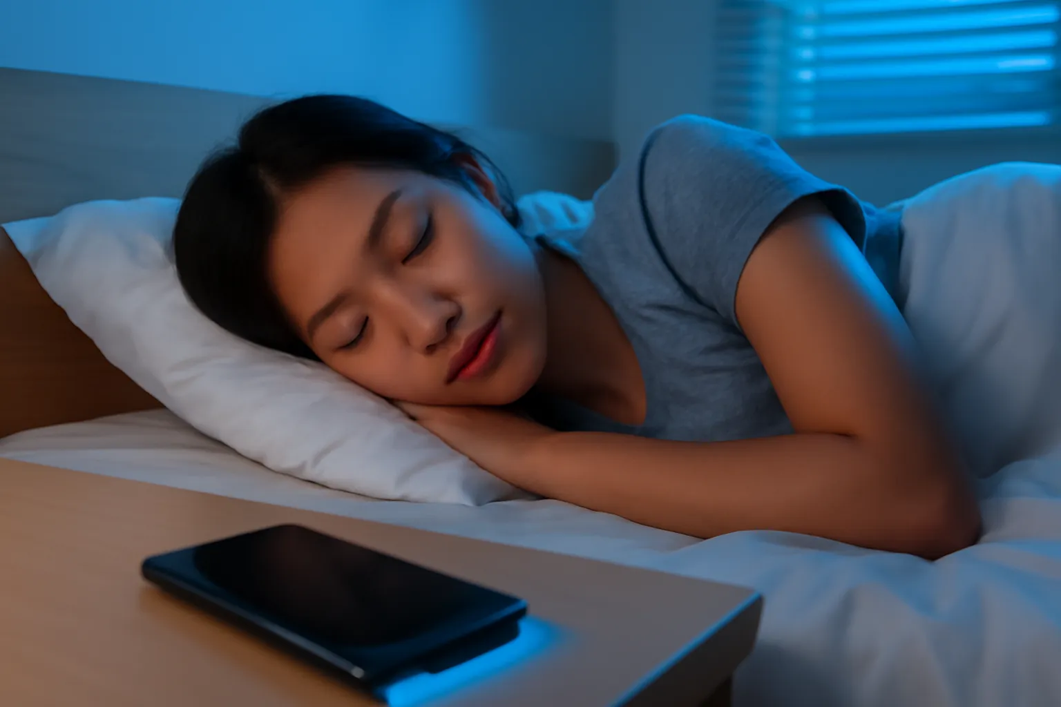 Người phụ nữ trẻ nằm nghiêng trên giường, chiếc điện thoại úp trên tủ đầu giường