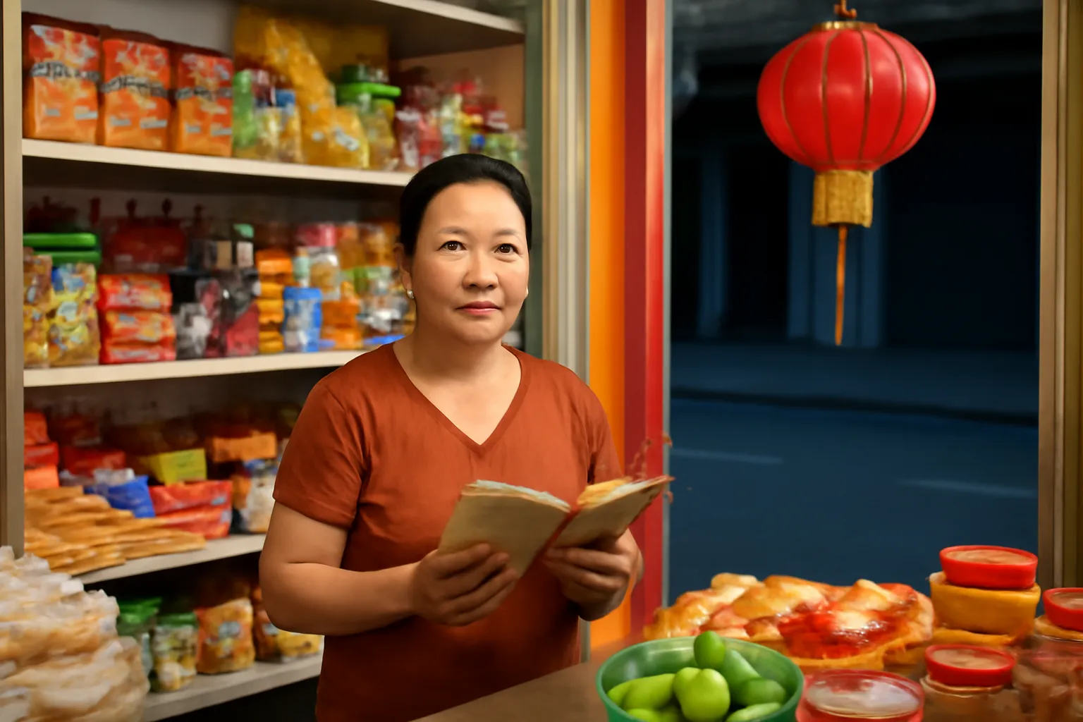 Bà chủ tiệm tạp hoá cầm cuốn sổ ghi nợ cũ đứng sau quầy hàng đêm cuối năm