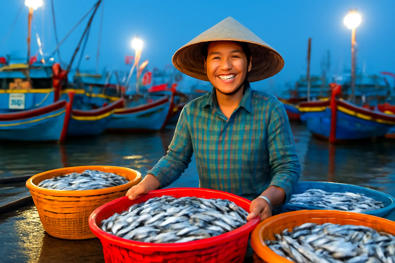Người phụ nữ bán cá ở cảng cá trước rạng sáng dưới đèn sáng trắng, thúng nhựa đầy cá bạc, tàu cá phía sau