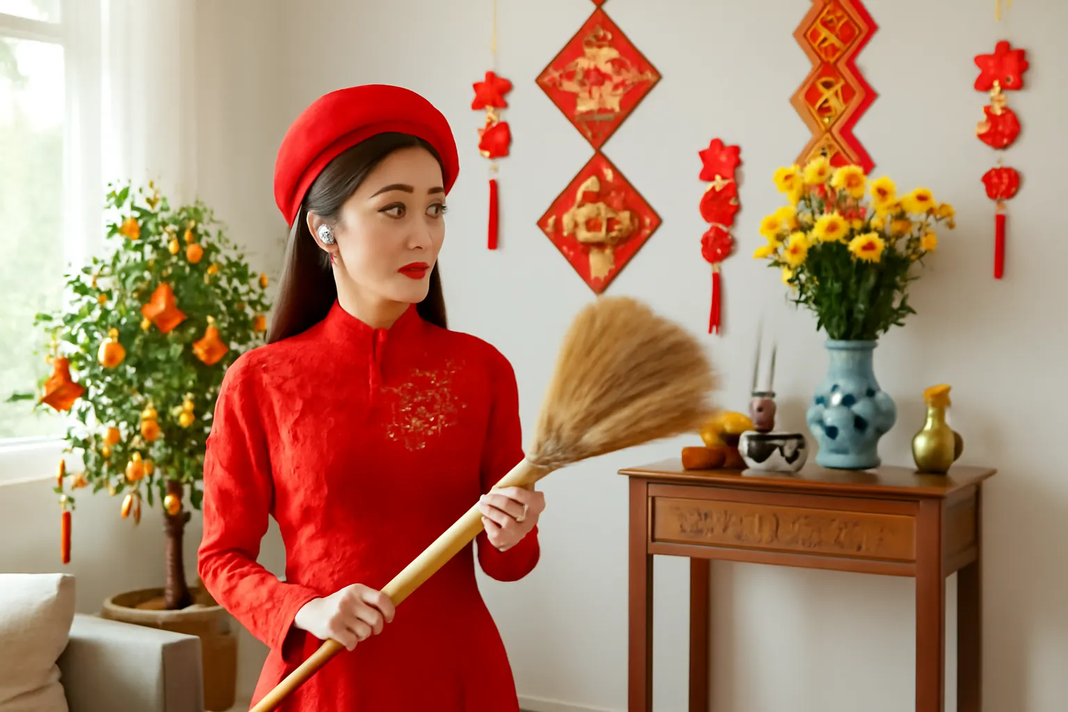 Cô dâu trẻ cầm chổi đứng ngập ngừng trong phòng khách ngày mùng một Tết