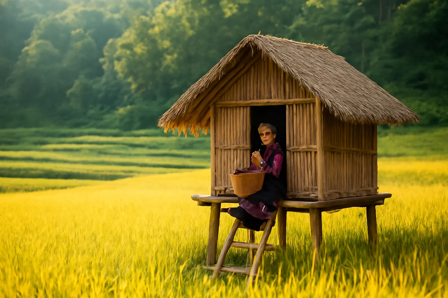 Chòi canh bằng tre nứa đứng giữa nương lúa chín vàng trên sườn đồi