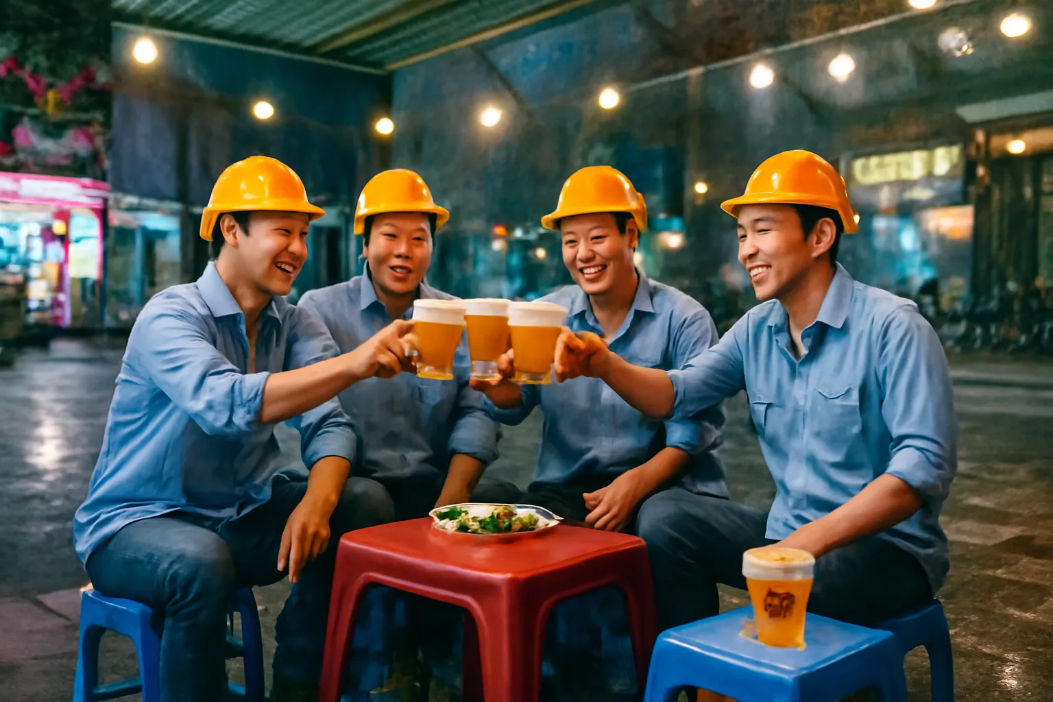 Bàn nhậu vỉa hè với bốn người đàn ông nâng ly bên một chiếc ghế nhựa trống