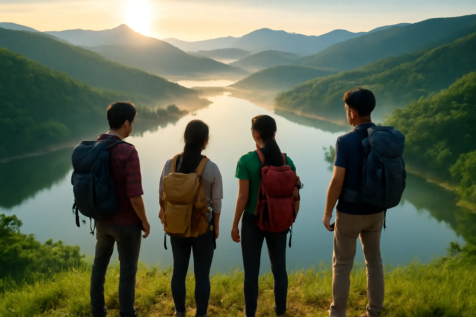 Nhóm bạn đi bộ đứng trên sườn đồi nhìn xuống mặt hồ phẳng lặng trong sương sớm