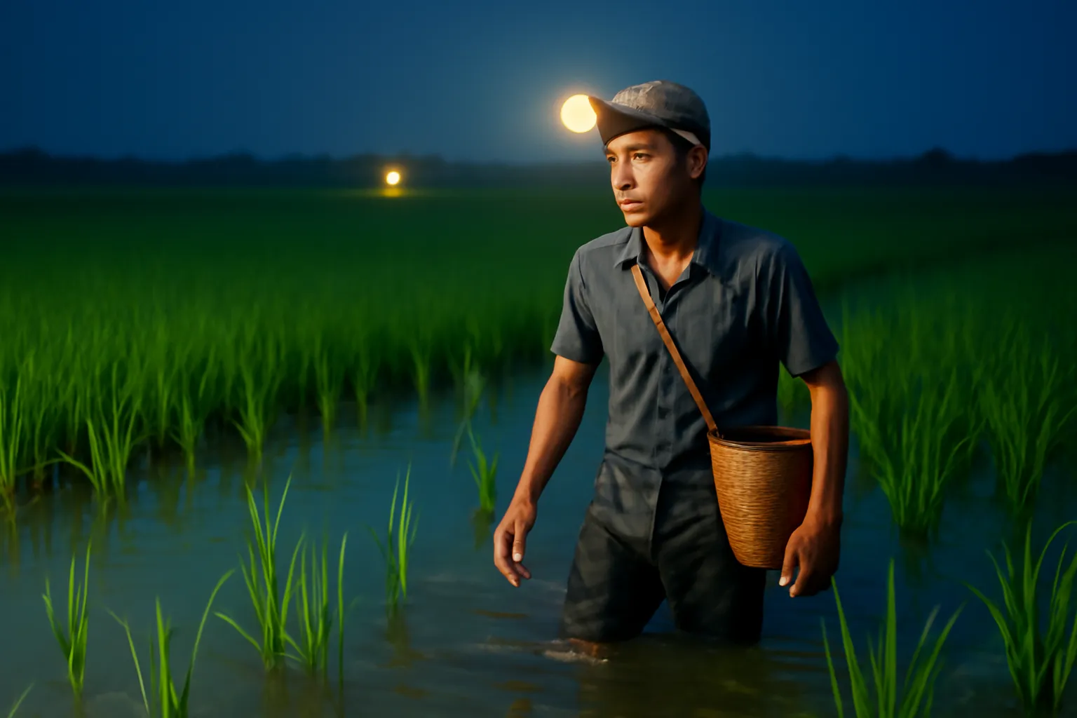 Người đàn ông đội đèn pin trên trán lội ruộng ban đêm, giỏ tre đeo bên hông