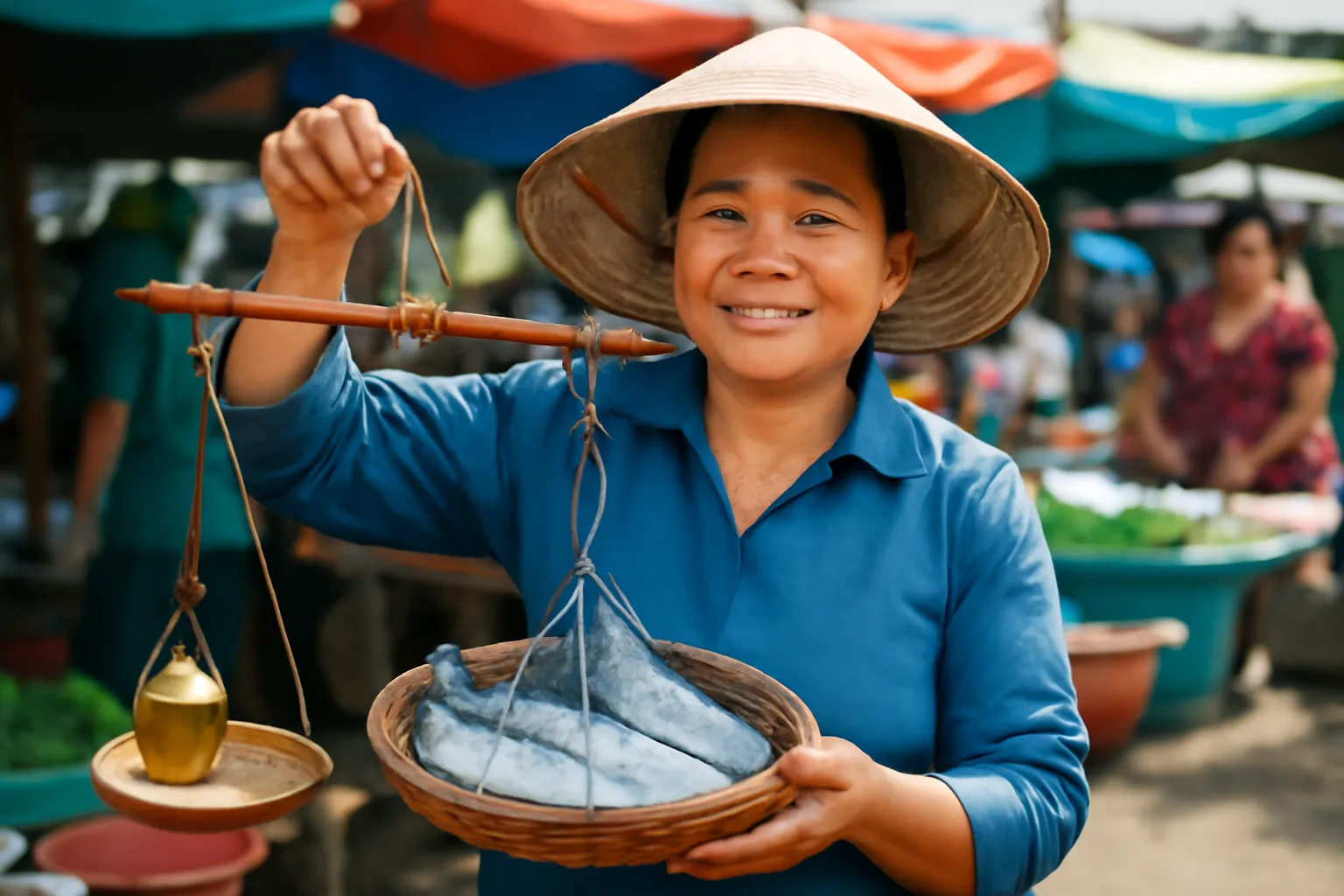 Người phụ nữ trung niên ở sạp cá chợ quê cầm cái cân đòn gỗ có quả cân đồng