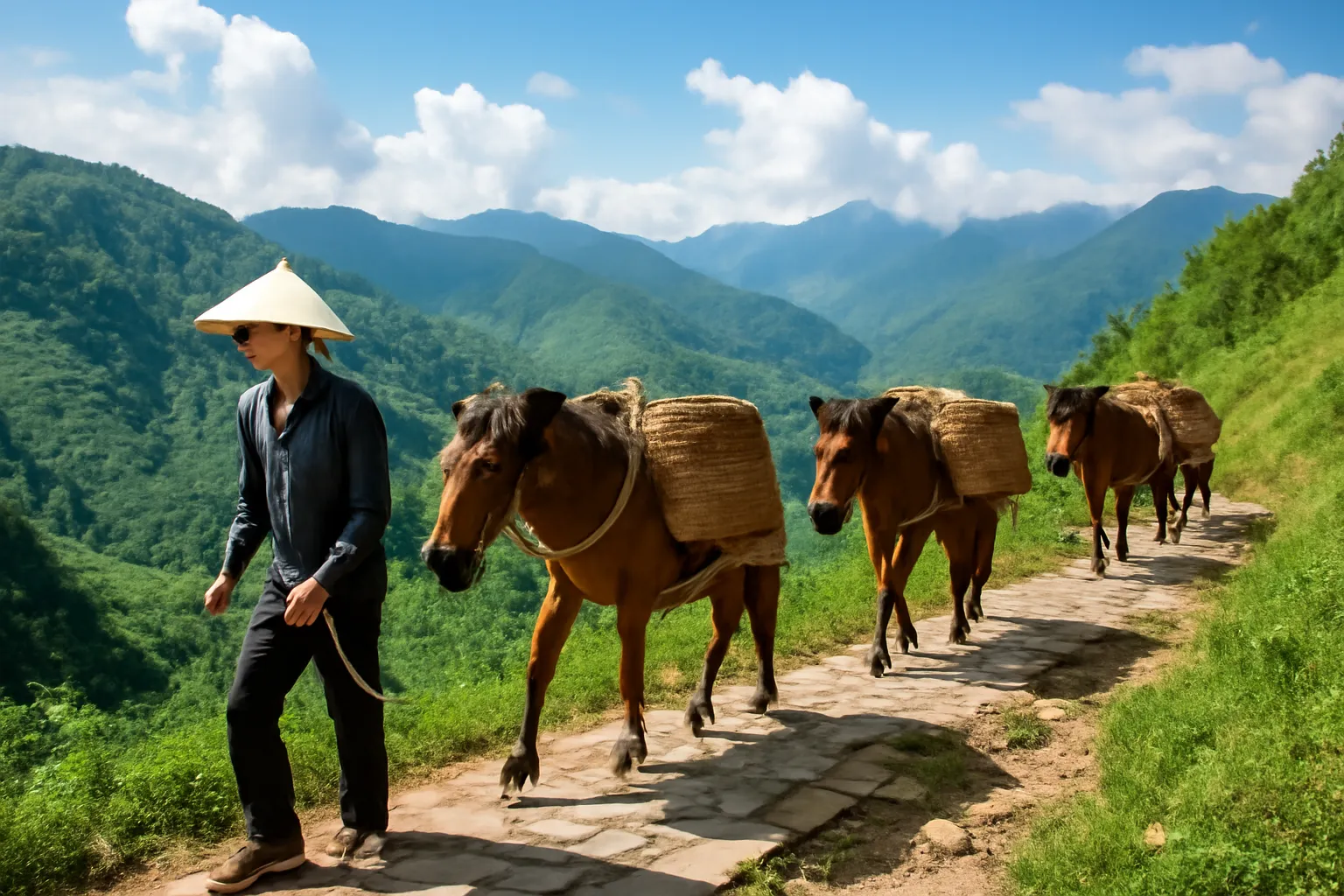 Đàn ngựa thồ chở hàng đi trên lối đèo đá giữa núi xanh trùng điệp