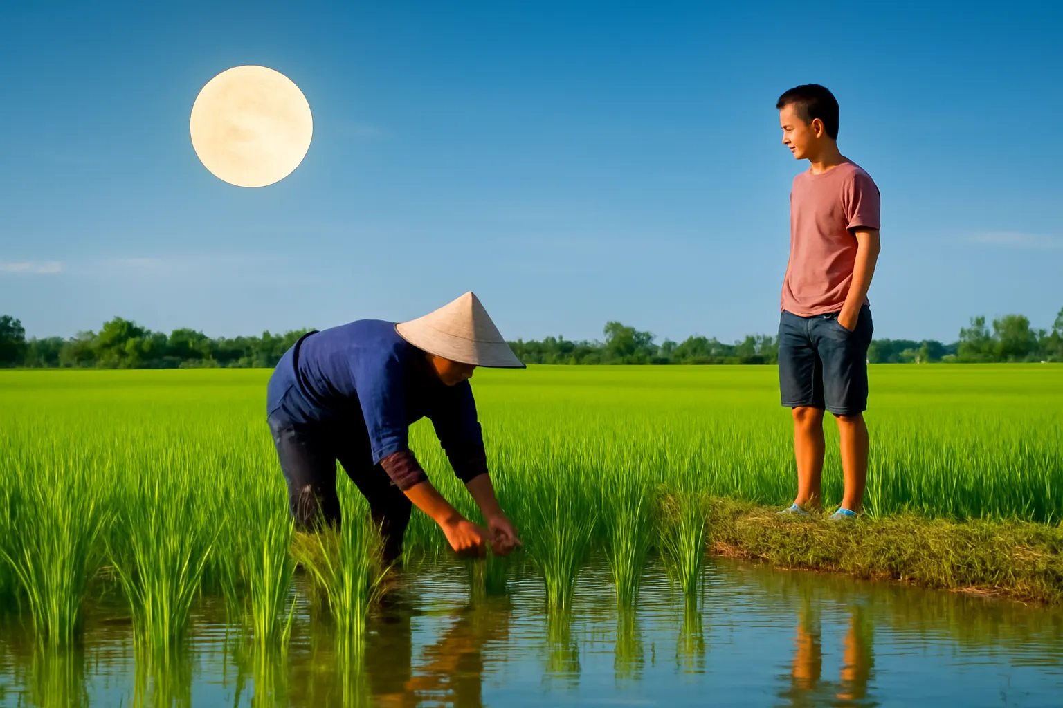 Ruộng lúa con gái dưới trăng, bóng người đội nón lội ruộng phía xa