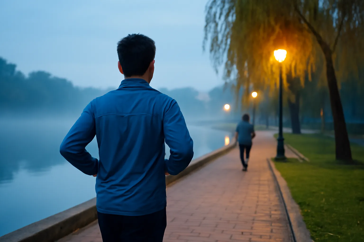 Người đàn ông chạy bộ trên lối đi ven hồ lúc trời chưa sáng, đèn đường mờ sương