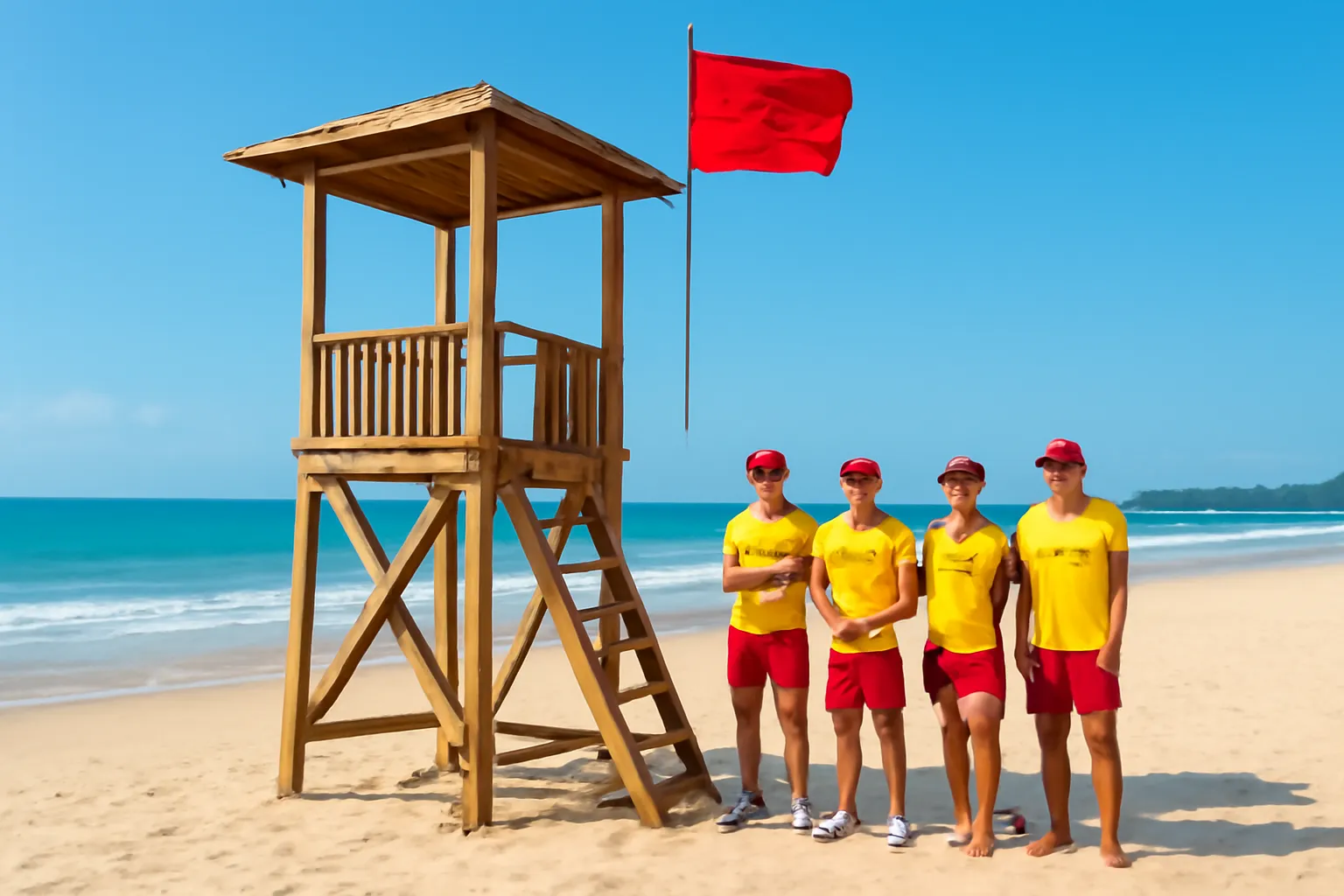 Chòi cứu hộ trên bãi biển buổi sáng, bốn nhân viên cứu hộ áo đỏ vàng đứng cạnh, lá cờ đỏ bay trong gió