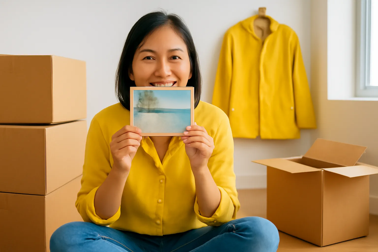 Người phụ nữ trẻ ngồi xếp ảnh cũ bên thùng đồ trong ngày chuyển nhà