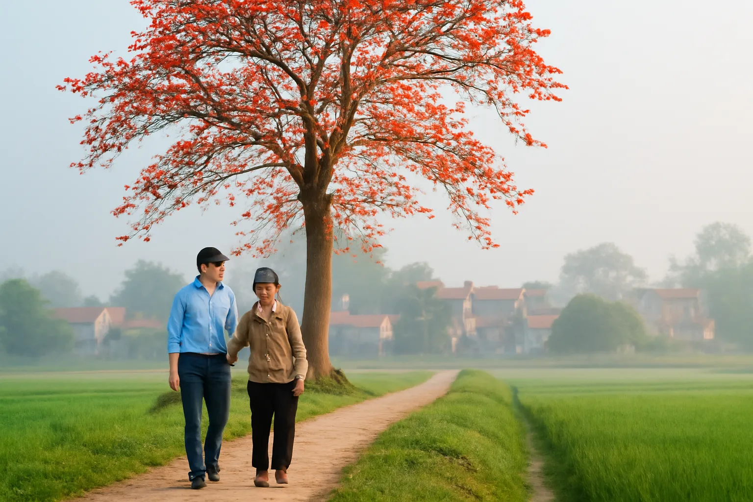 Cây gạo trổ hoa đỏ đầu làng bên con đê trong sương sớm tháng ba