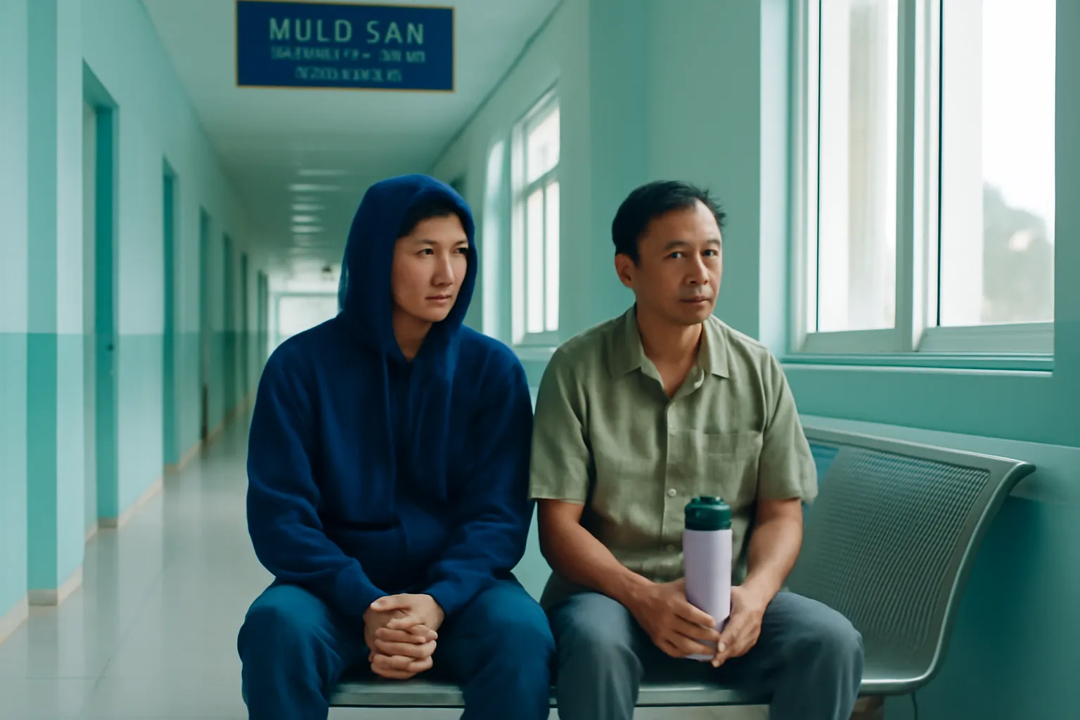 Hai người đàn ông ngồi trên ghế chờ dài ngoài hành lang khoa sản lúc gần sáng