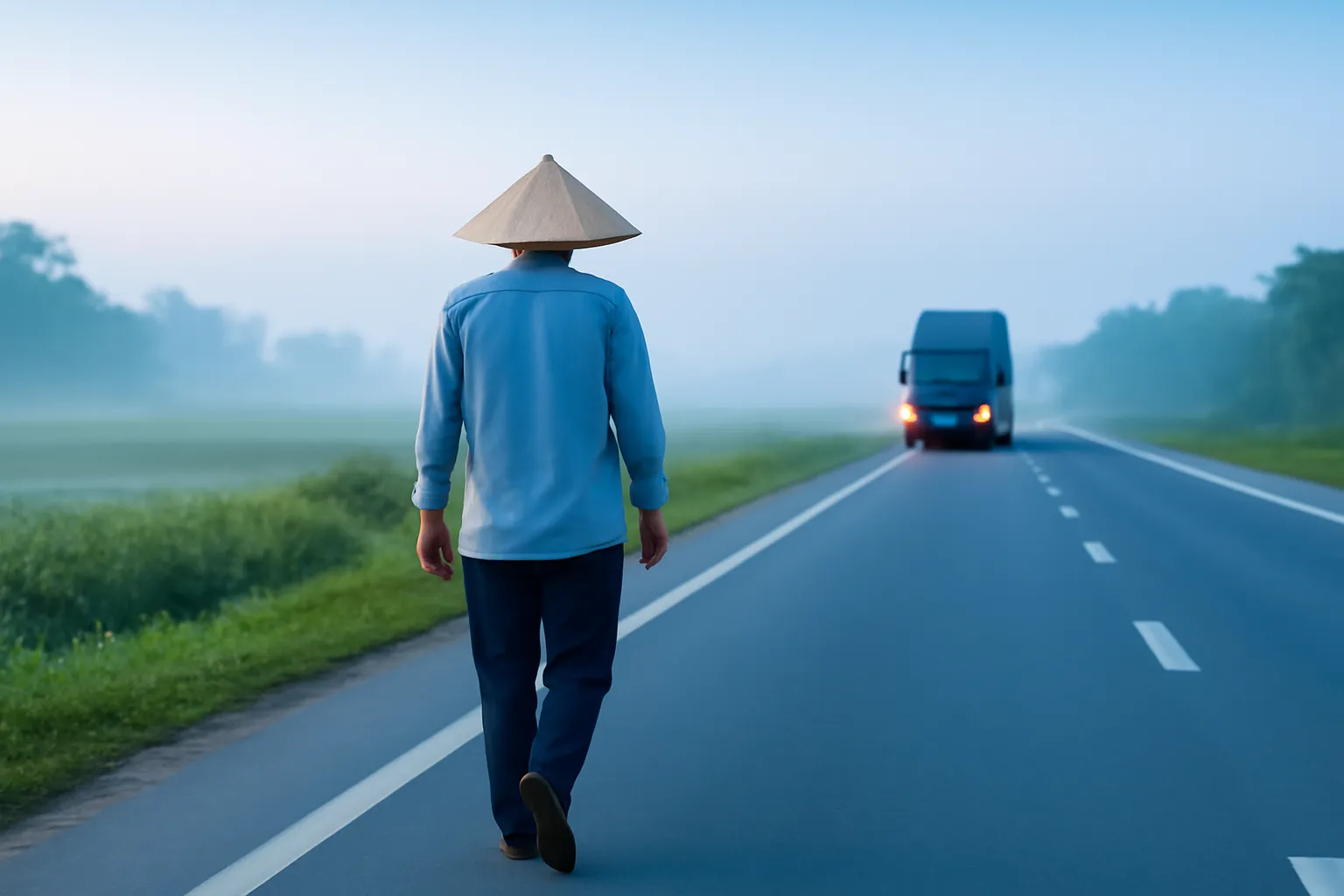Người đàn ông đội nón lá đi bộ bên lề quốc lộ lúc trời tờ mờ sáng