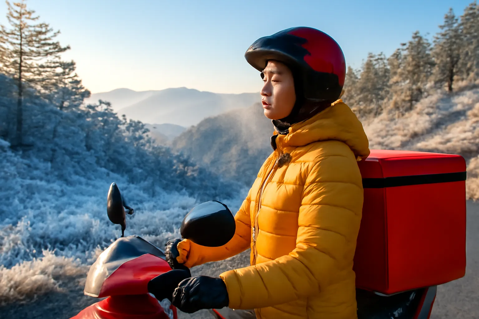 Cô gái giao hàng mặc áo phao dừng xe máy trên đèo phủ sương muối trắng lúc rạng sáng