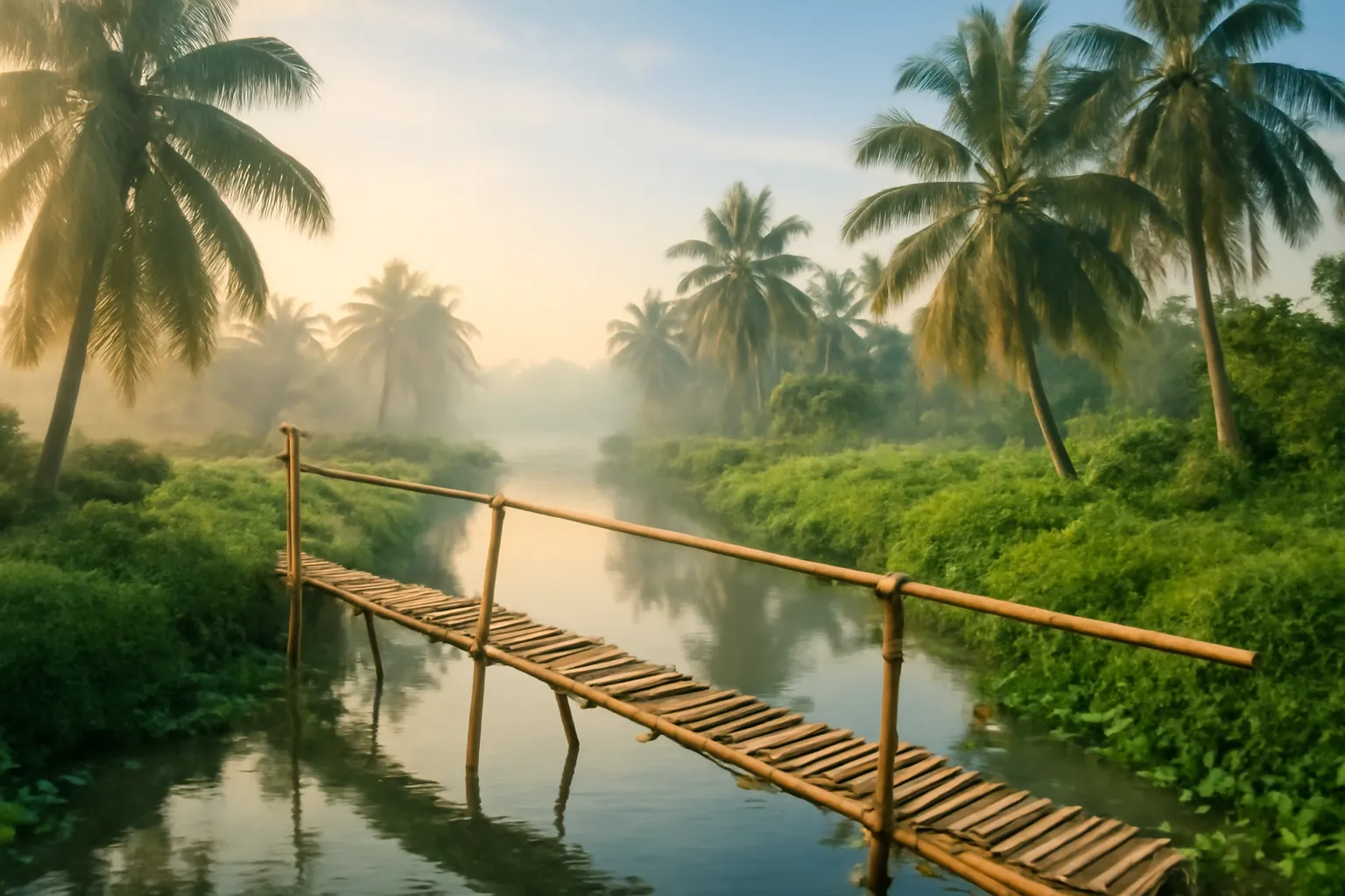 Cây cầu khỉ bằng tre bắc qua con rạch nhỏ trong làn sương sớm, hàng dừa hai bên bờ