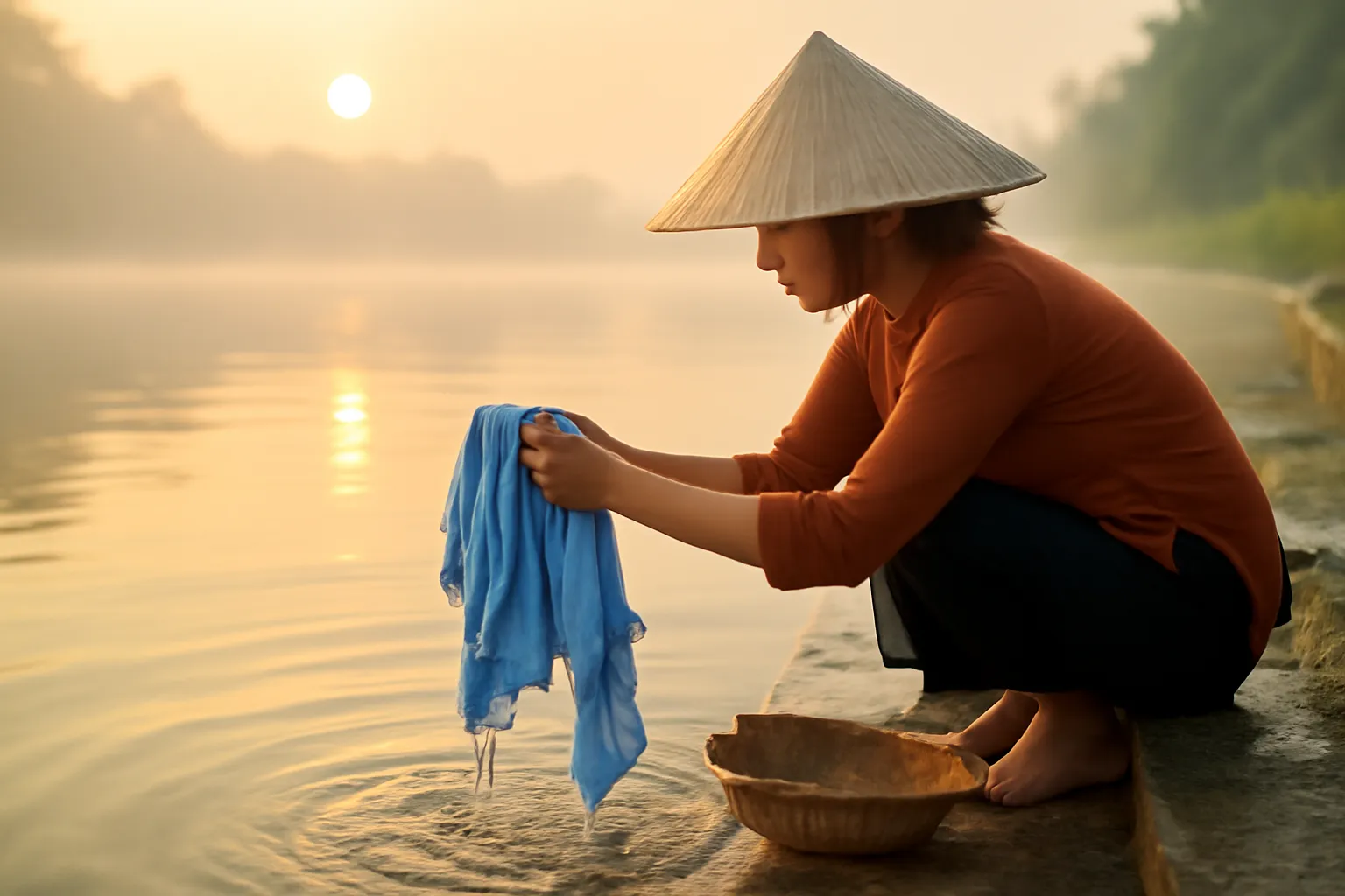 Đôi tay người phụ nữ giặt chiếc áo sơ mi xanh trên bậc bến sông trong sương sớm