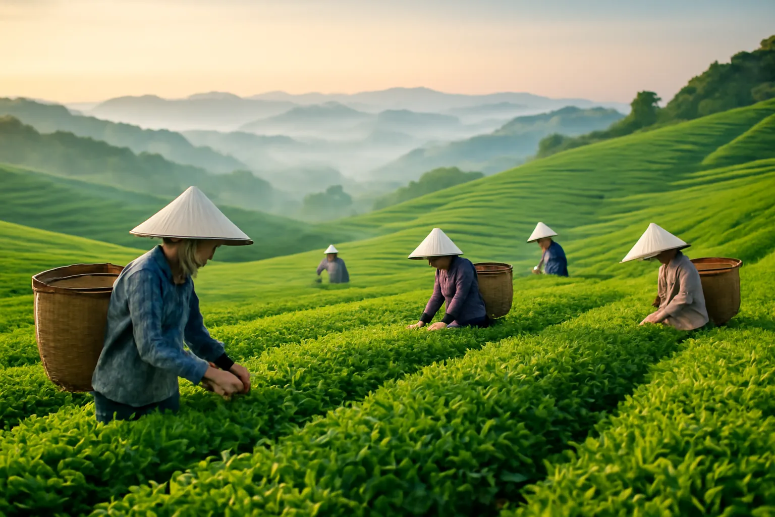 Những người hái chè đội nón đeo gùi trên đồi chè xanh mướt phủ sương lúc mặt trời mọc
