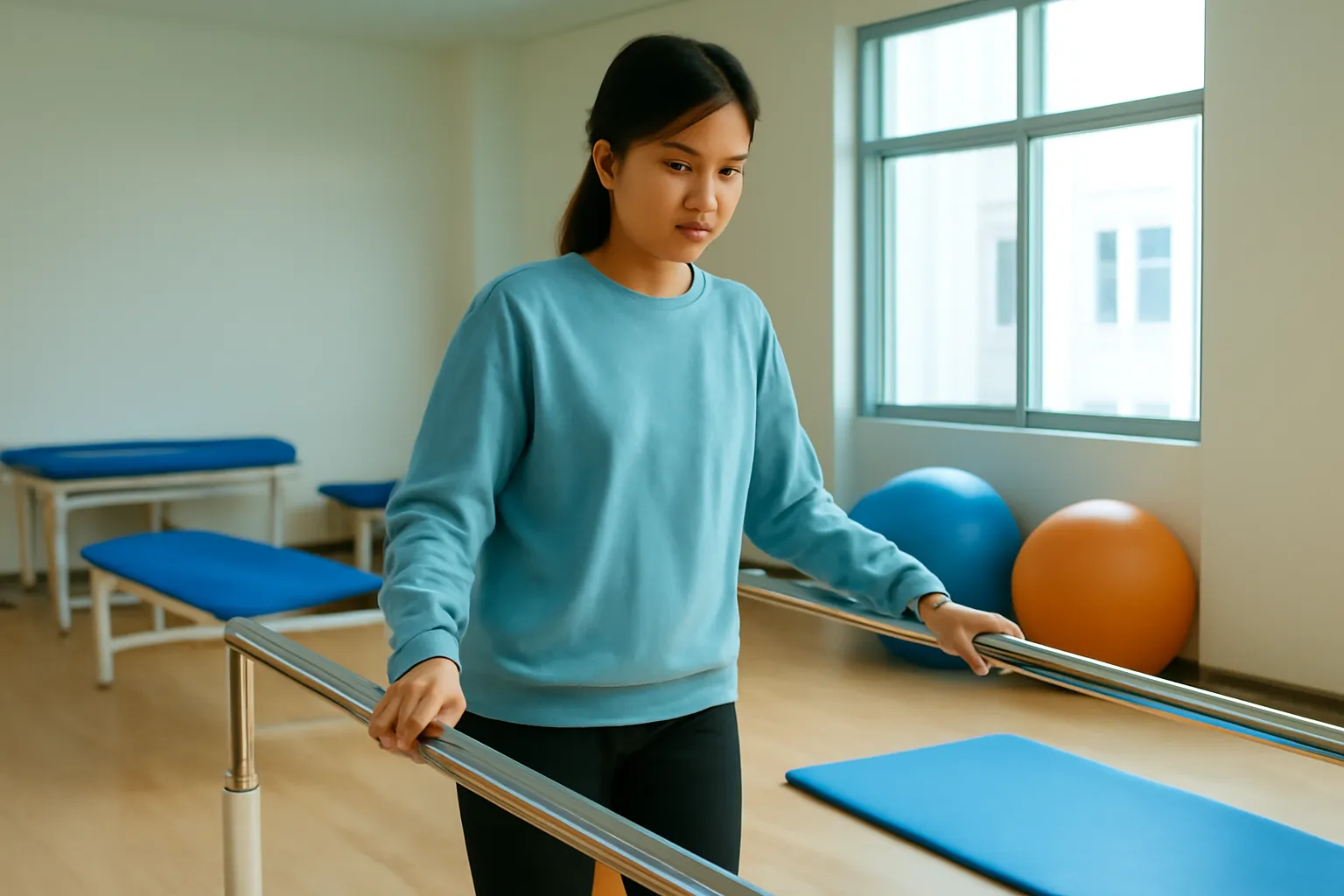 Cô gái trẻ vịn hai thanh song song tập đi trong phòng phục hồi chức năng