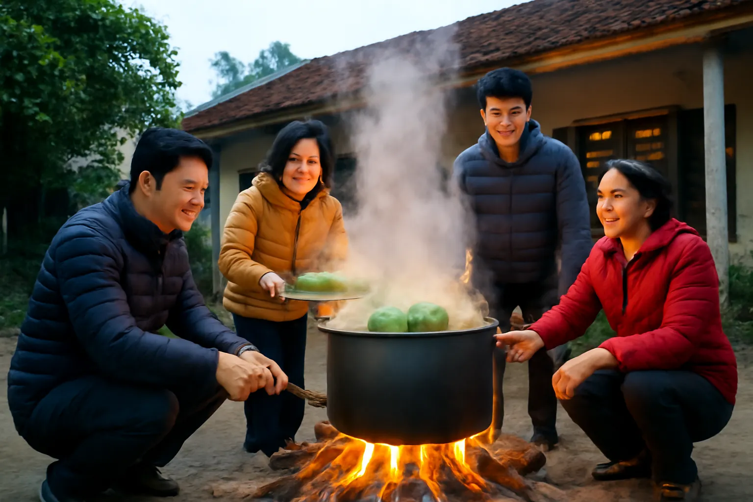 Ba anh em ngồi quanh bếp củi canh nồi bánh chưng lớn ngoài sân đêm cuối năm