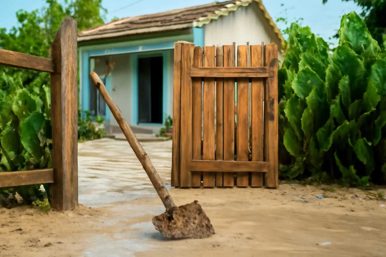 Cái cuốc dính đất dựng nghiêng ở cổng nhà làng cát miền Trung, buổi sáng sau mưa