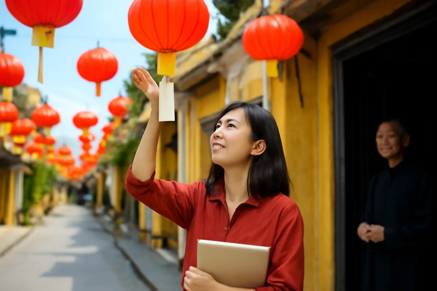 Cô sinh viên đọc câu đố treo dưới đèn lồng đỏ trong khu phố cổ đêm rằm tháng giêng