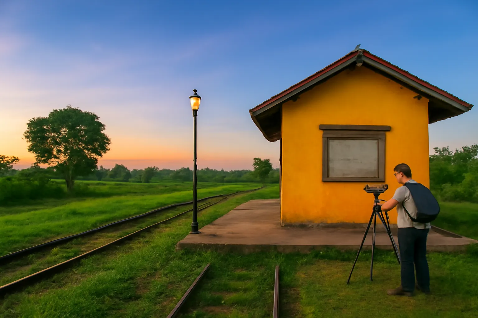 Sân ga nhỏ bỏ hoang lúc chạng vạng, bảng giờ tàu bằng gỗ trên tường vàng, đường ray cỏ mọc, đèn ga treo
