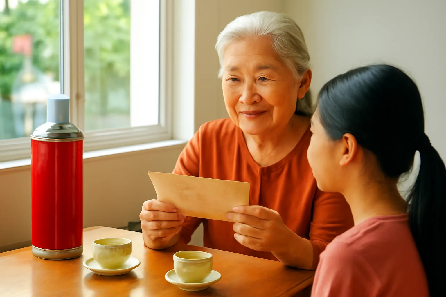 Bà cụ ngồi bên cửa sổ kể chuyện cho cháu gái, tay cầm phong thư cũ