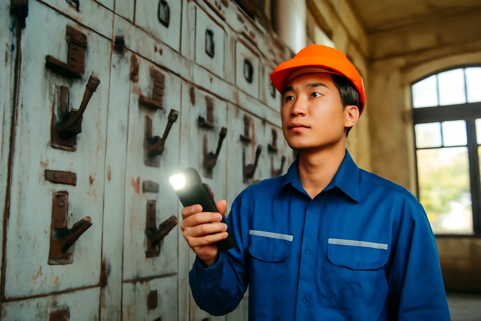 Kỹ sư trẻ cầm đèn pin đứng trước tủ cầu dao cũ trong nhà máy điện bỏ hoang
