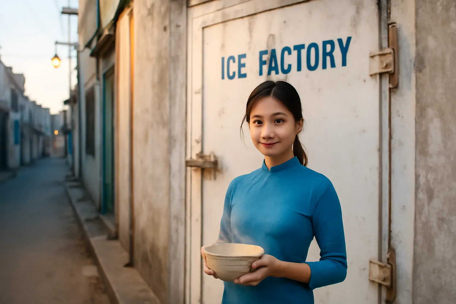 Người phụ nữ bưng chén nước gừng đứng cạnh cửa kho lạnh tường trắng của nhà máy cũ