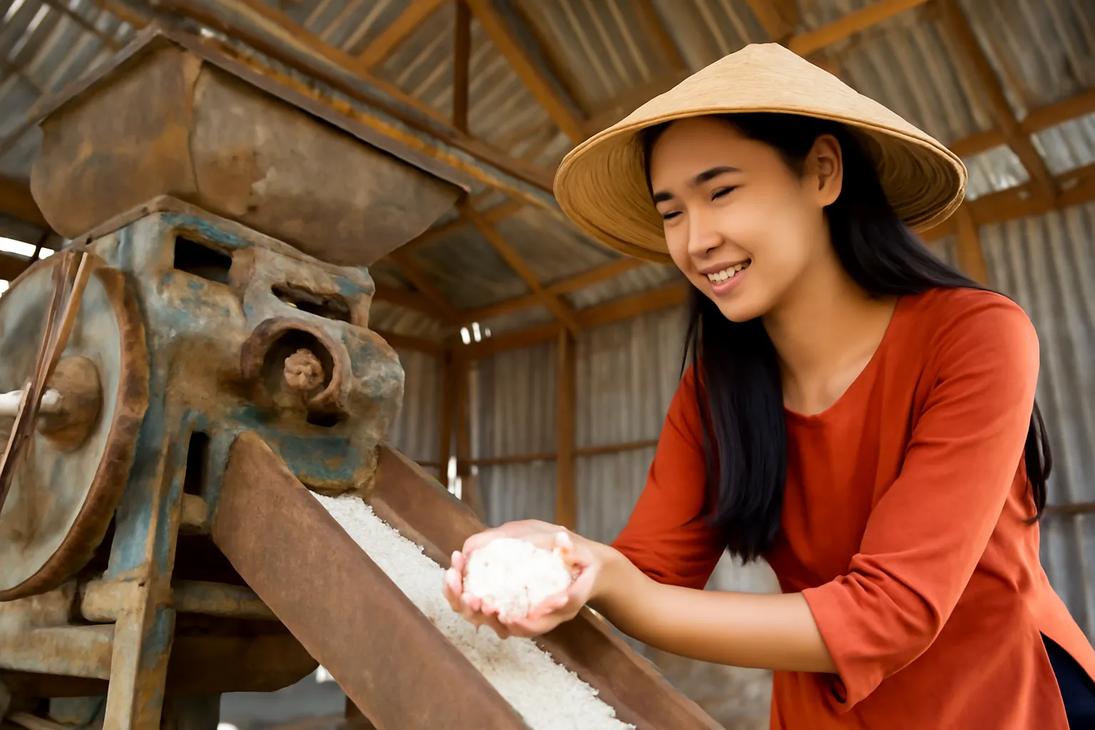 Cô gái trẻ vốc gạo trắng trước cối xay trong nhà máy mái tôn cũ