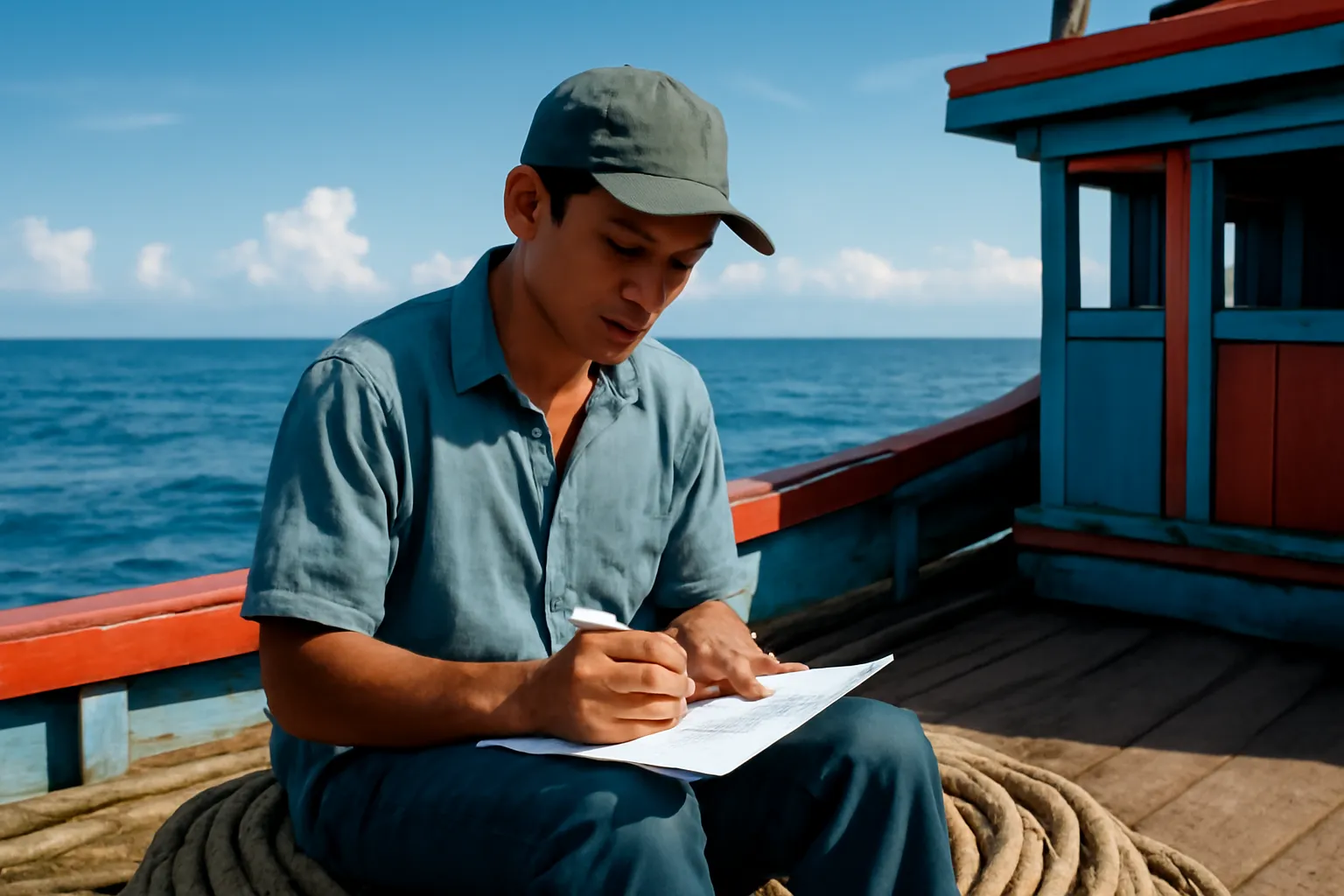 Người ngư dân ngồi trên boong tàu cá viết thư trên đầu gối, biển rộng phía sau