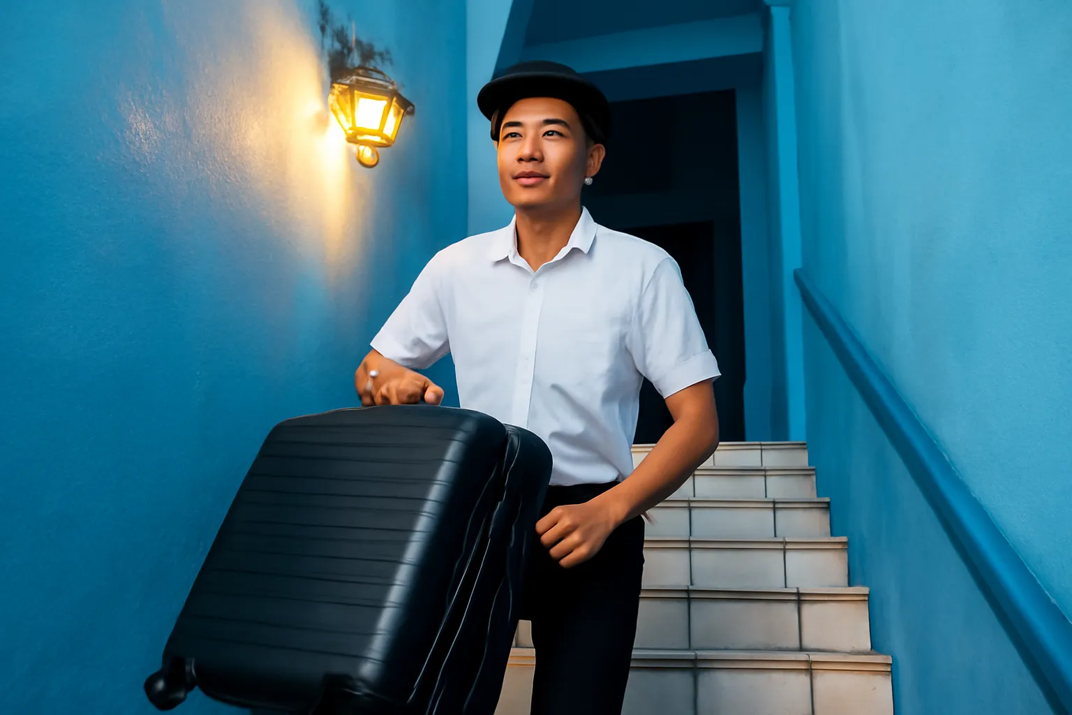 Nhân viên khách sạn trẻ xách vali đi lên cầu thang hẹp lúc nửa đêm