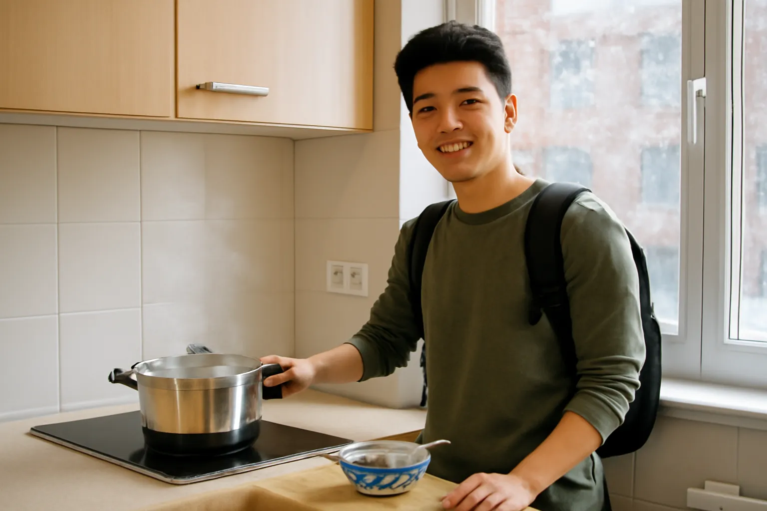 Chàng trai đứng trong bếp chung ký túc xá, nồi canh bốc khói, tuyết rơi ngoài cửa sổ