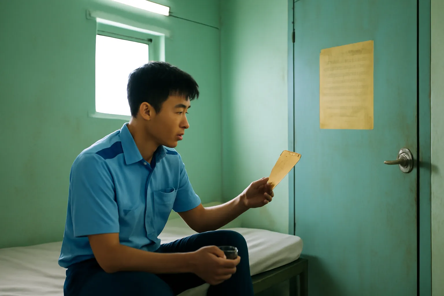 Tờ nội quy cũ dán sau cánh cửa phòng trọ, bên dưới có một dòng viết tay