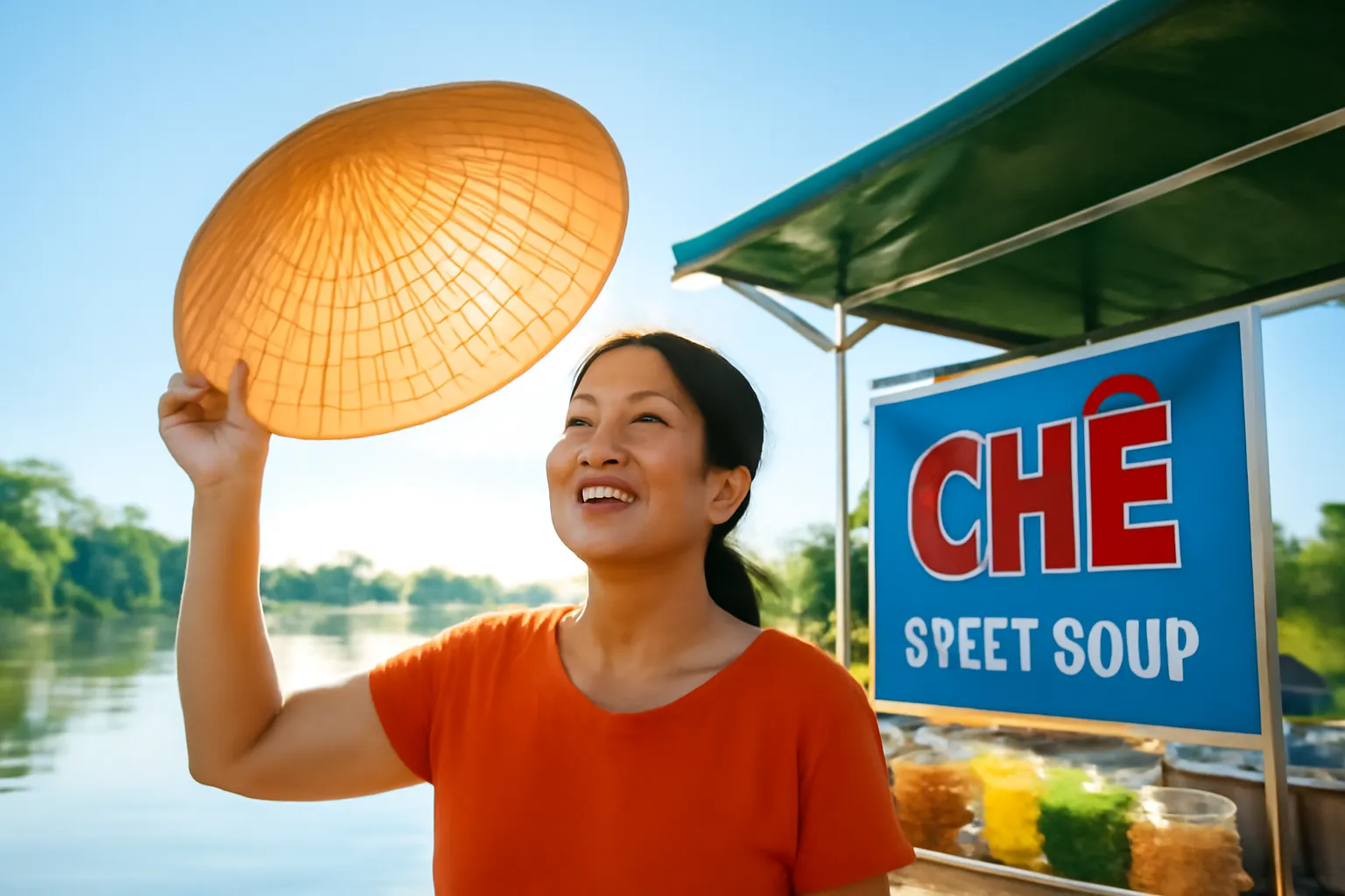 Người phụ nữ giơ chiếc nón lá lên trước nắng sớm bên sạp chè ven sông