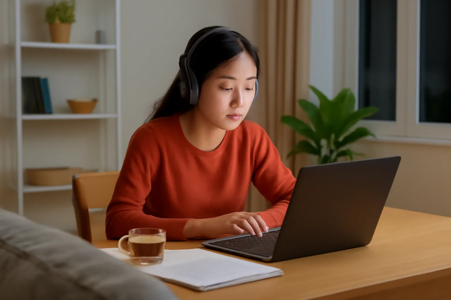 Cô giảng viên trẻ ngồi trước máy tính xách tay trong phòng khách nhà mình buổi tối