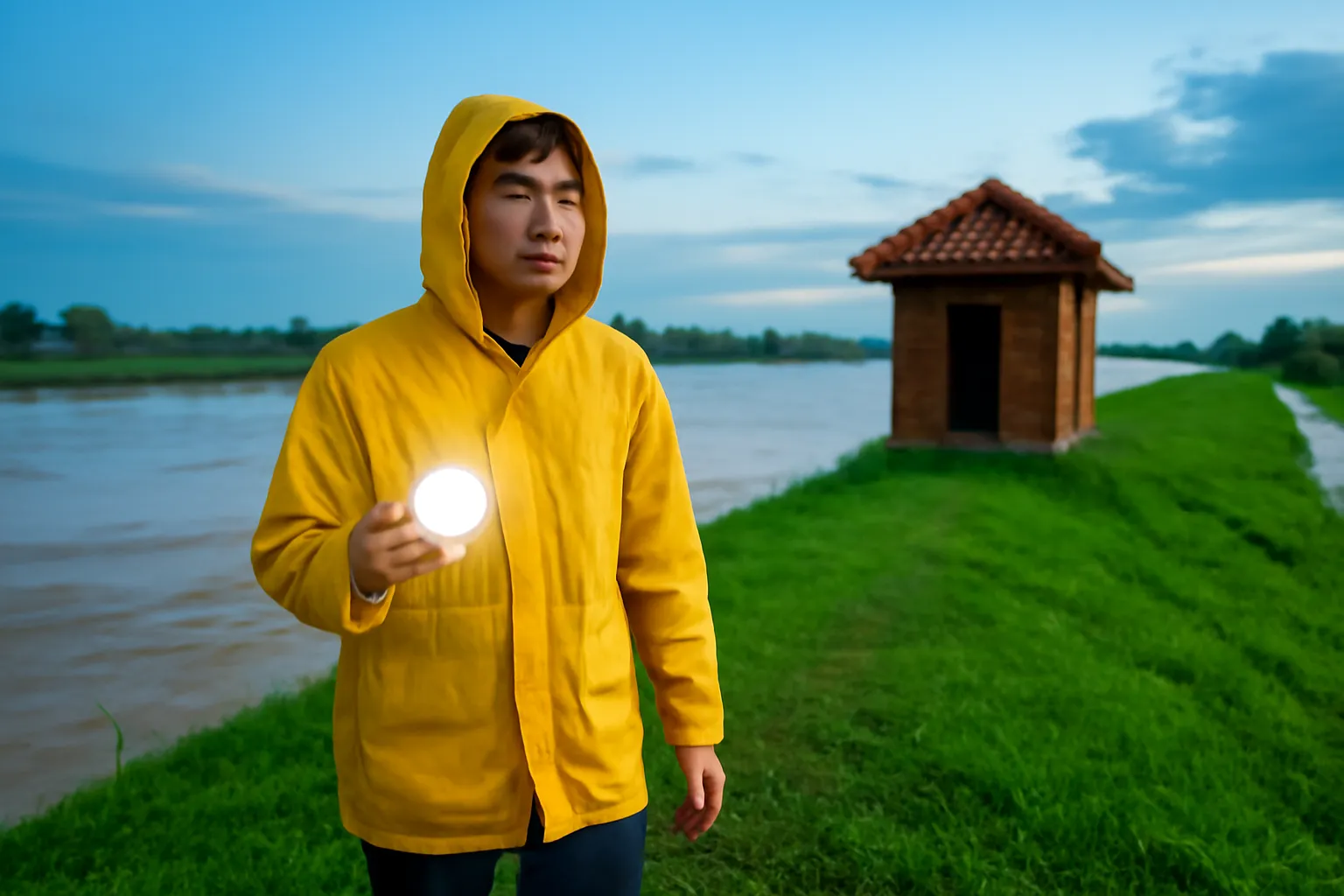 Chàng trai cầm đèn pin đứng trên mái đê cỏ, nước sông lớn đục ngầu phía sau, trời chạng vạng