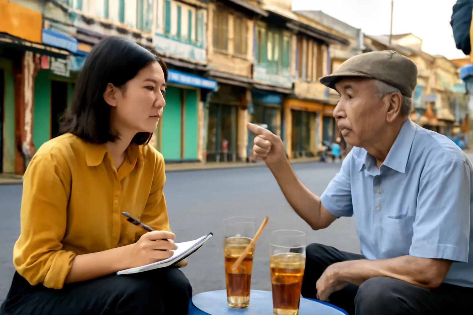 Cô gái ngồi ghế nhựa thấp bên quán trà đá vỉa hè nghe ông cụ kể chuyện
