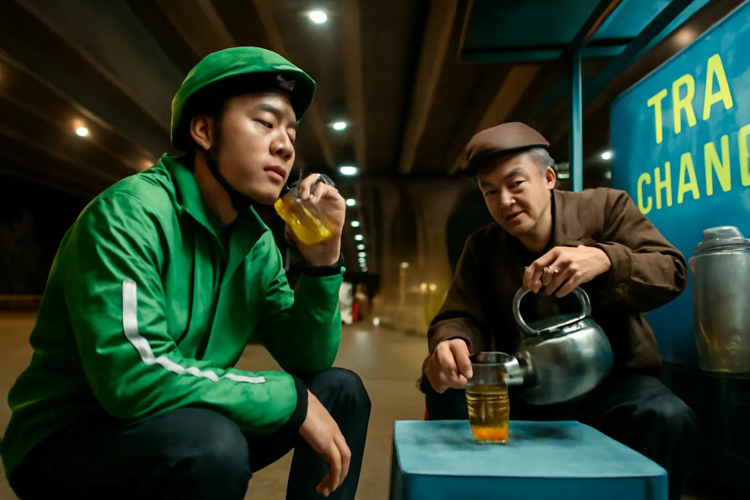 Anh giao hàng ngồi uống trà đá bên ông cụ dưới chân cầu vượt ban đêm