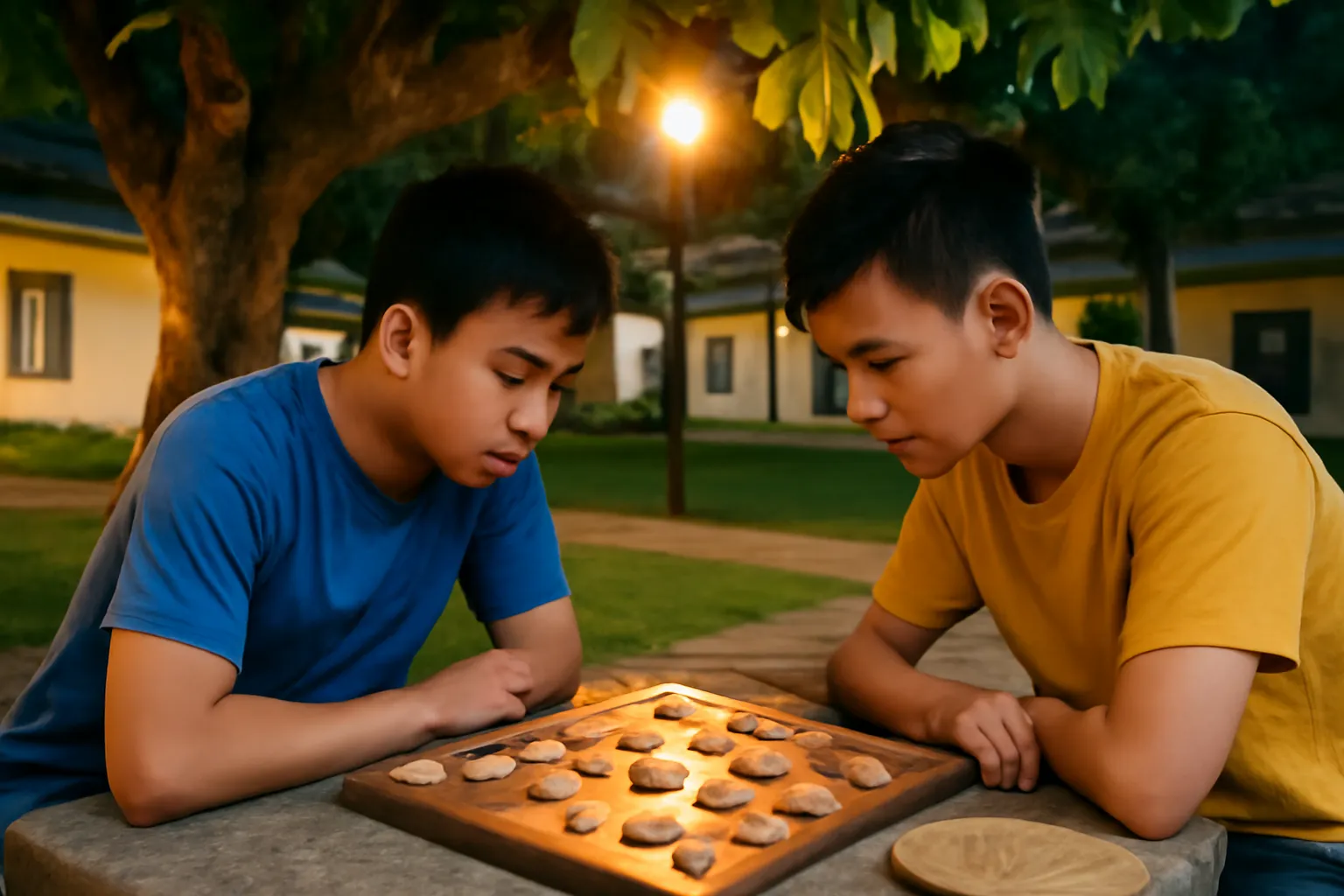 Bàn cờ tướng gỗ trên ghế đá dưới gốc bàng, hai chàng sinh viên cúi xem