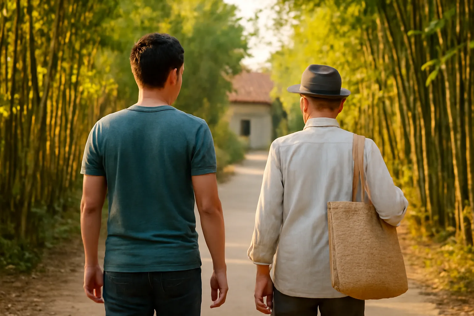 Hai người đi trên đường làng lúc chiều muộn, một chàng trai và một ông cụ xách túi cói