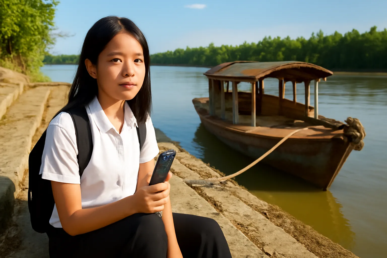 Cô gái trẻ cầm máy ghi âm ngồi trên bậc đá bến sông vắng buổi chiều